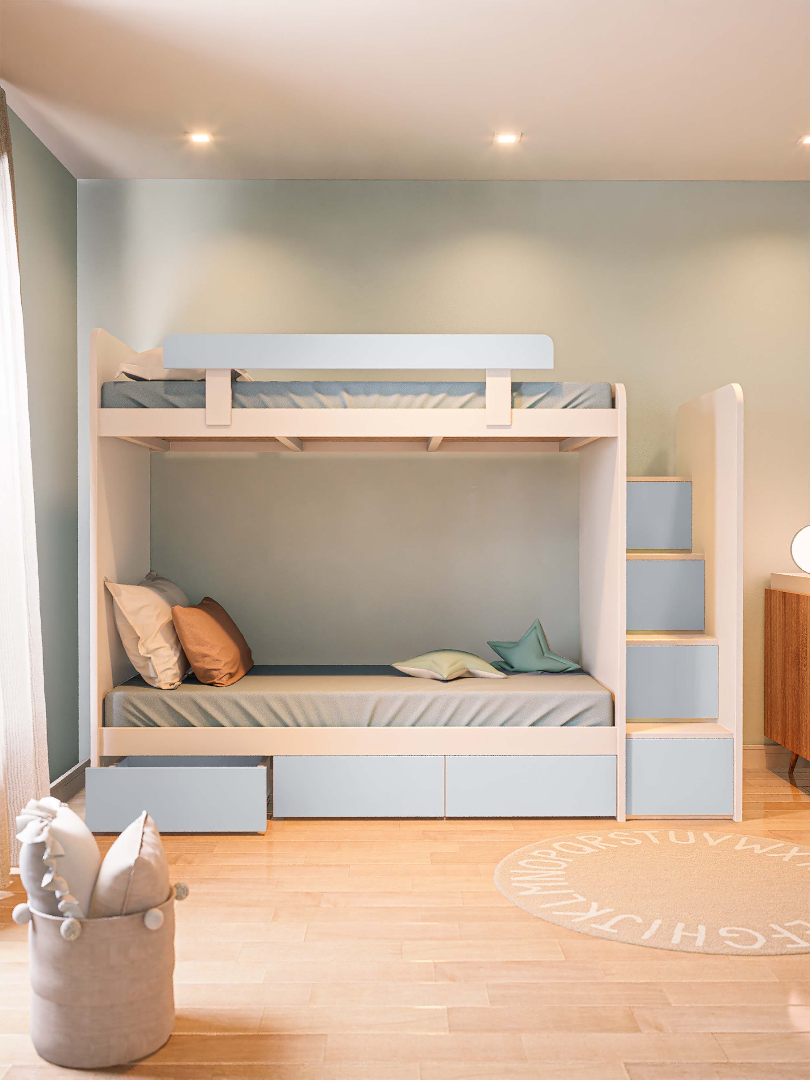 CAMA CUCHETA CON ESCALERA Y CAJON CELESTE