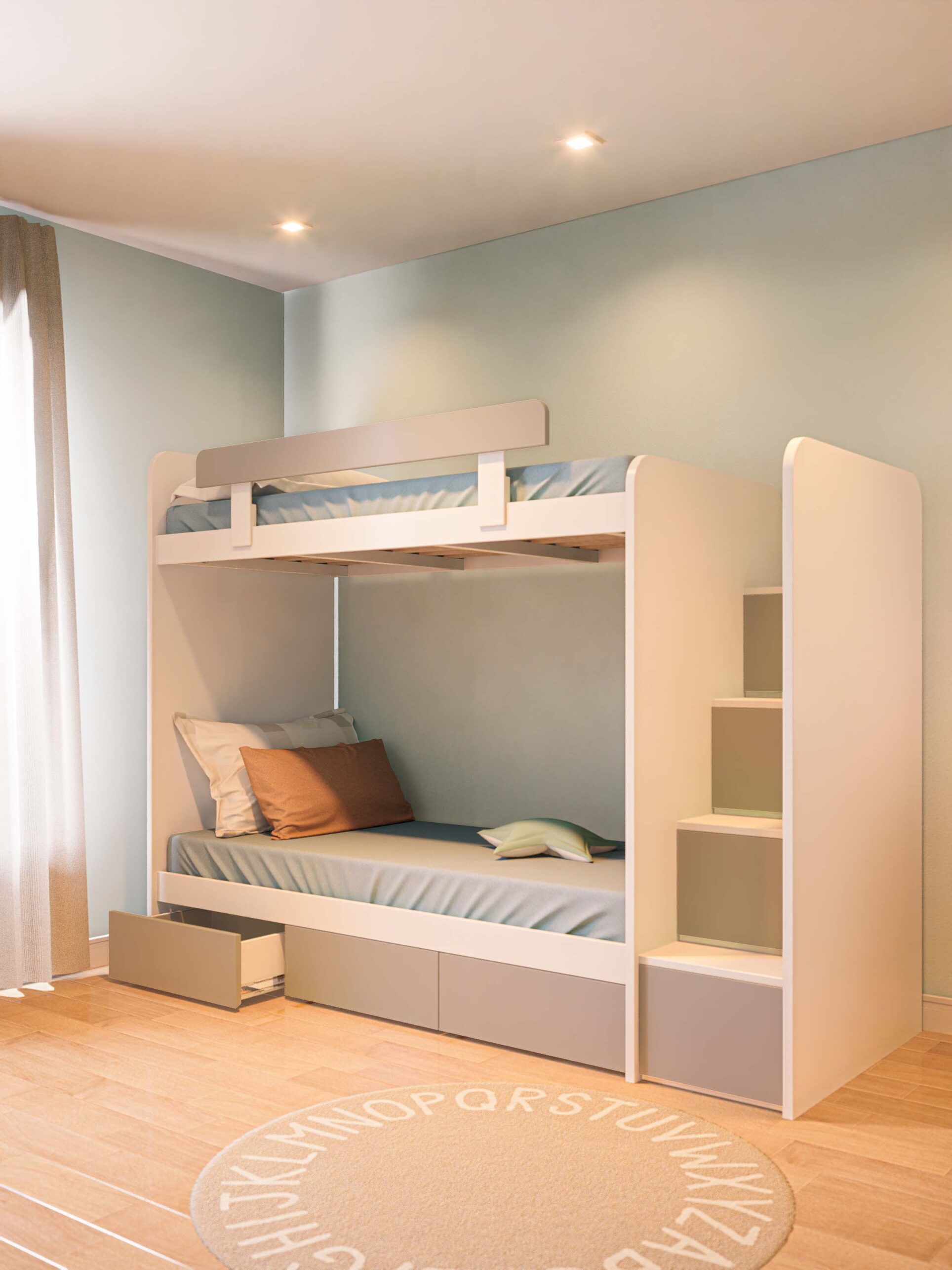 CAMA CUCHETA CON ESCALERA Y CAJON GRIS2