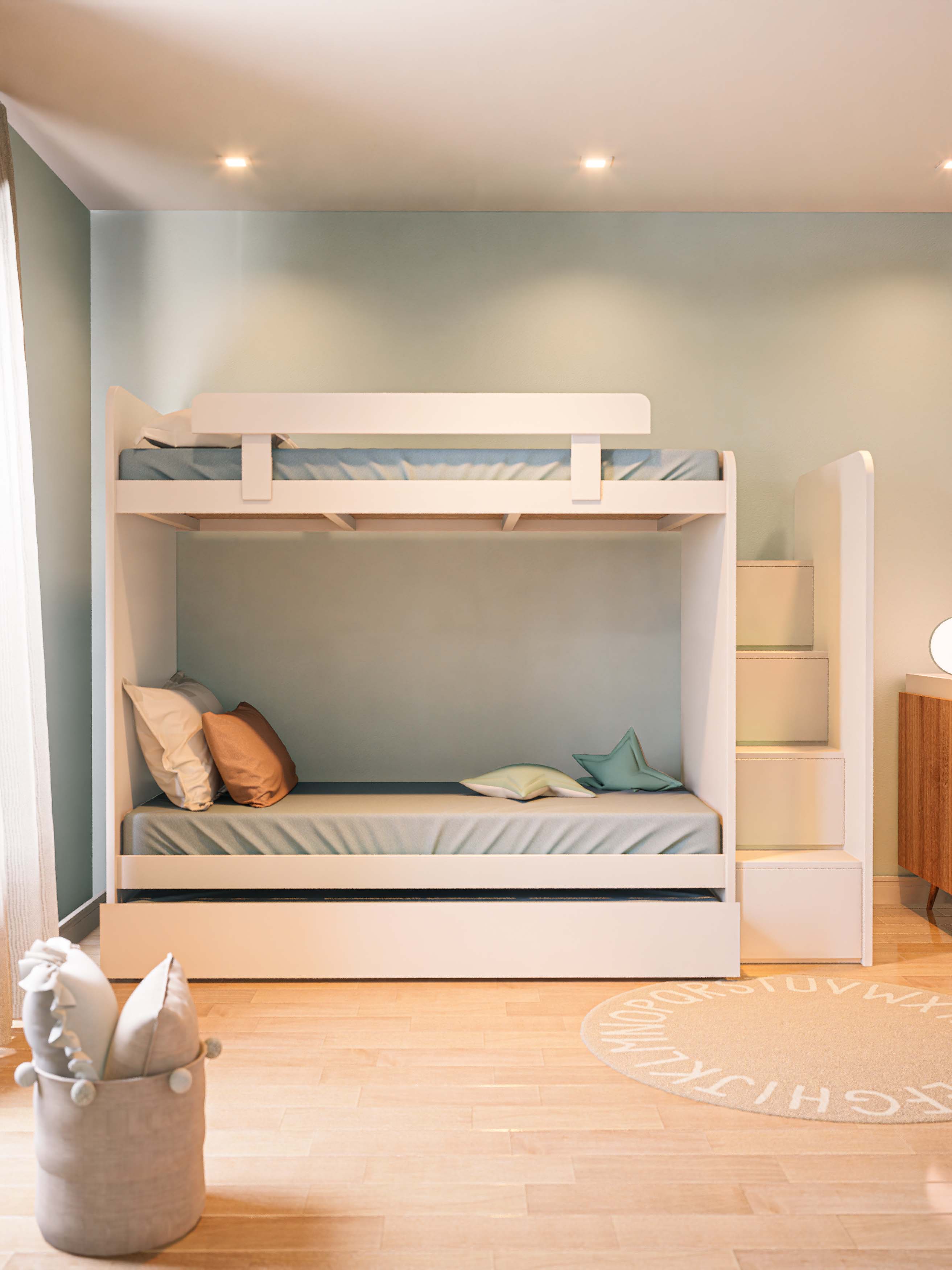 CAMA CUCHETA CON ESCALERA Y CARRO BLANCO