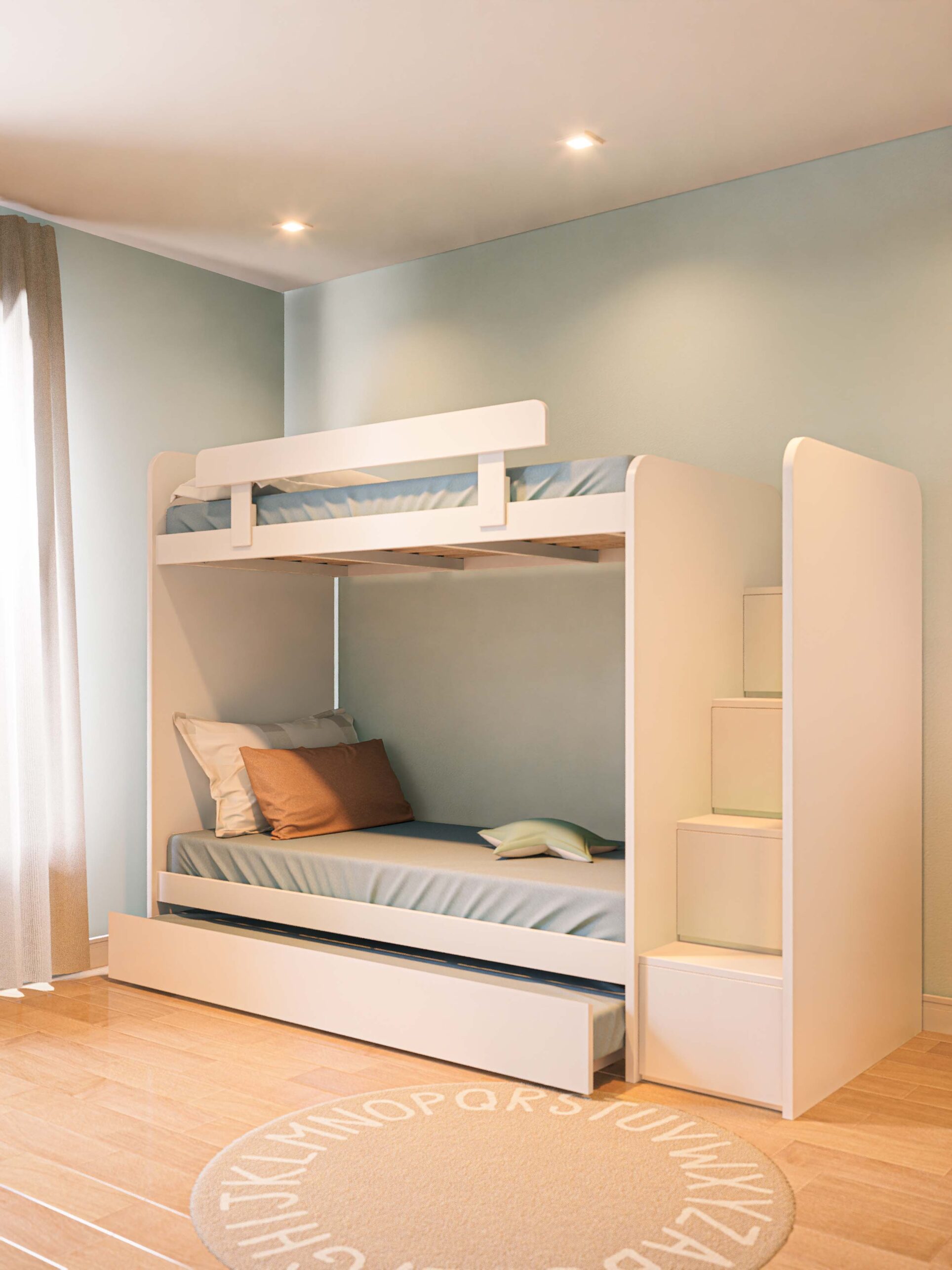 CAMA CUCHETA CON ESCALERA Y CARRO BLANCO2