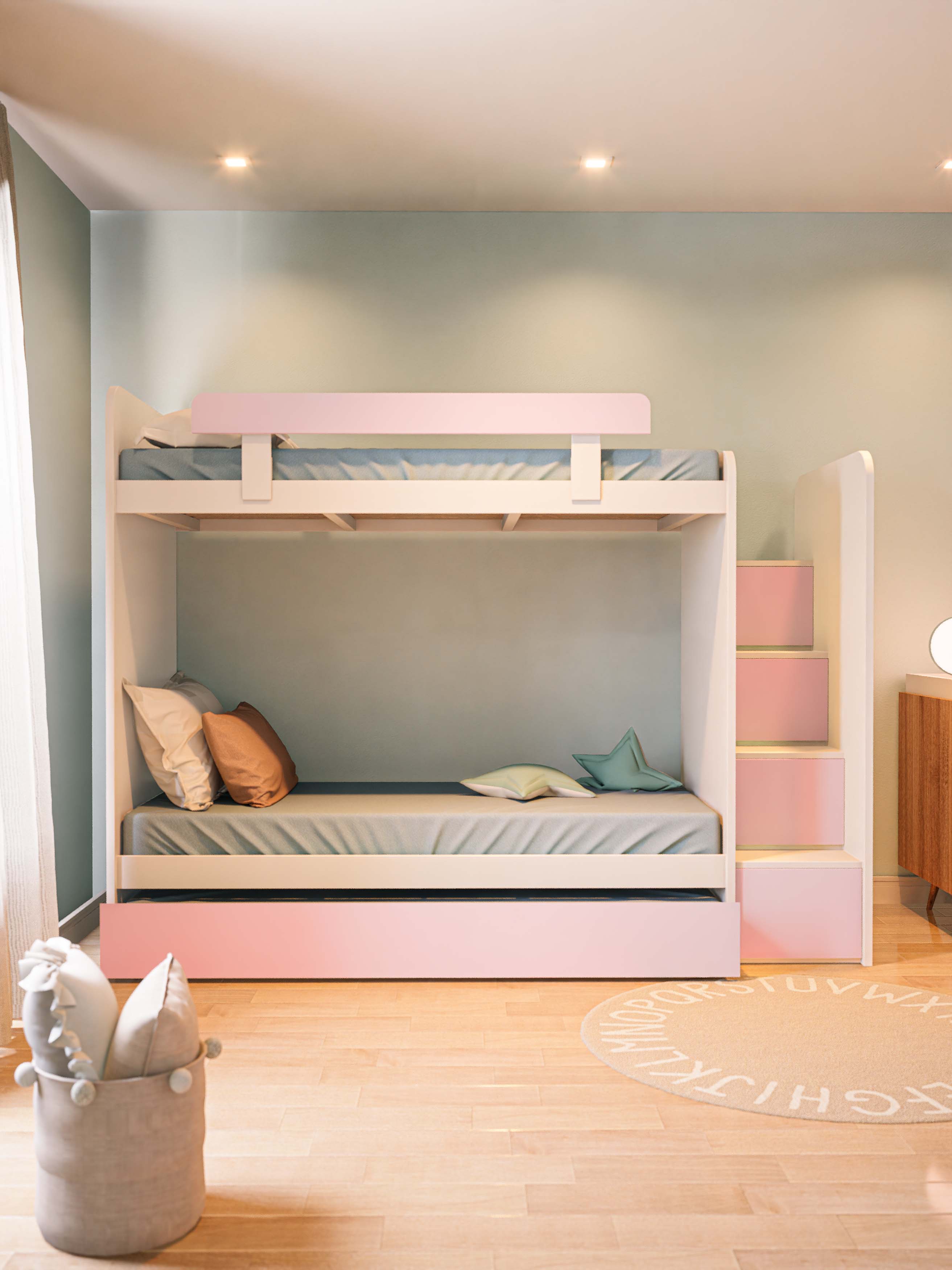 CAMA CUCHETA CON ESCALERA Y CARRO ROSA (1)