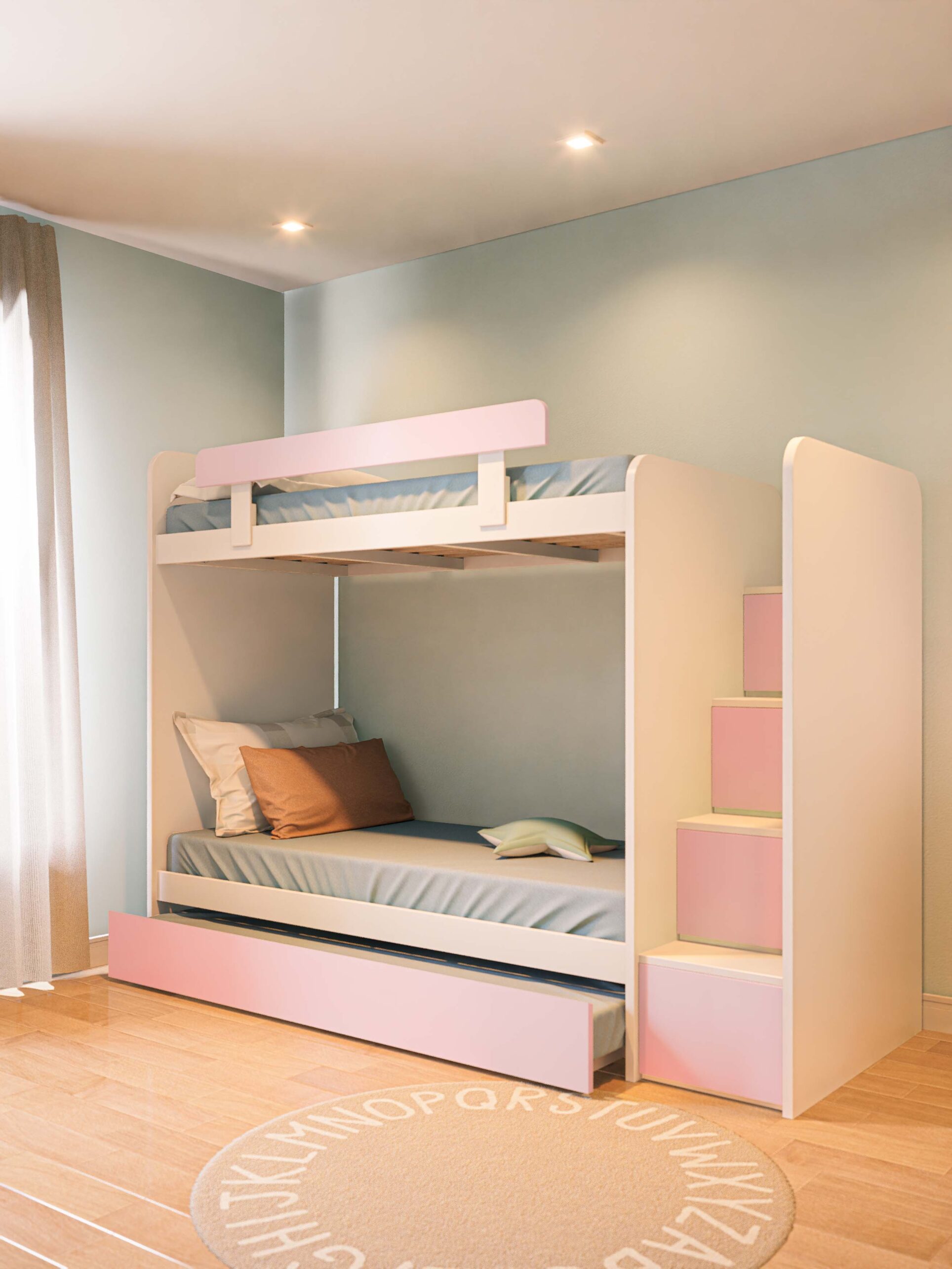 CAMA CUCHETA CON ESCALERA Y CARRO ROSA2
