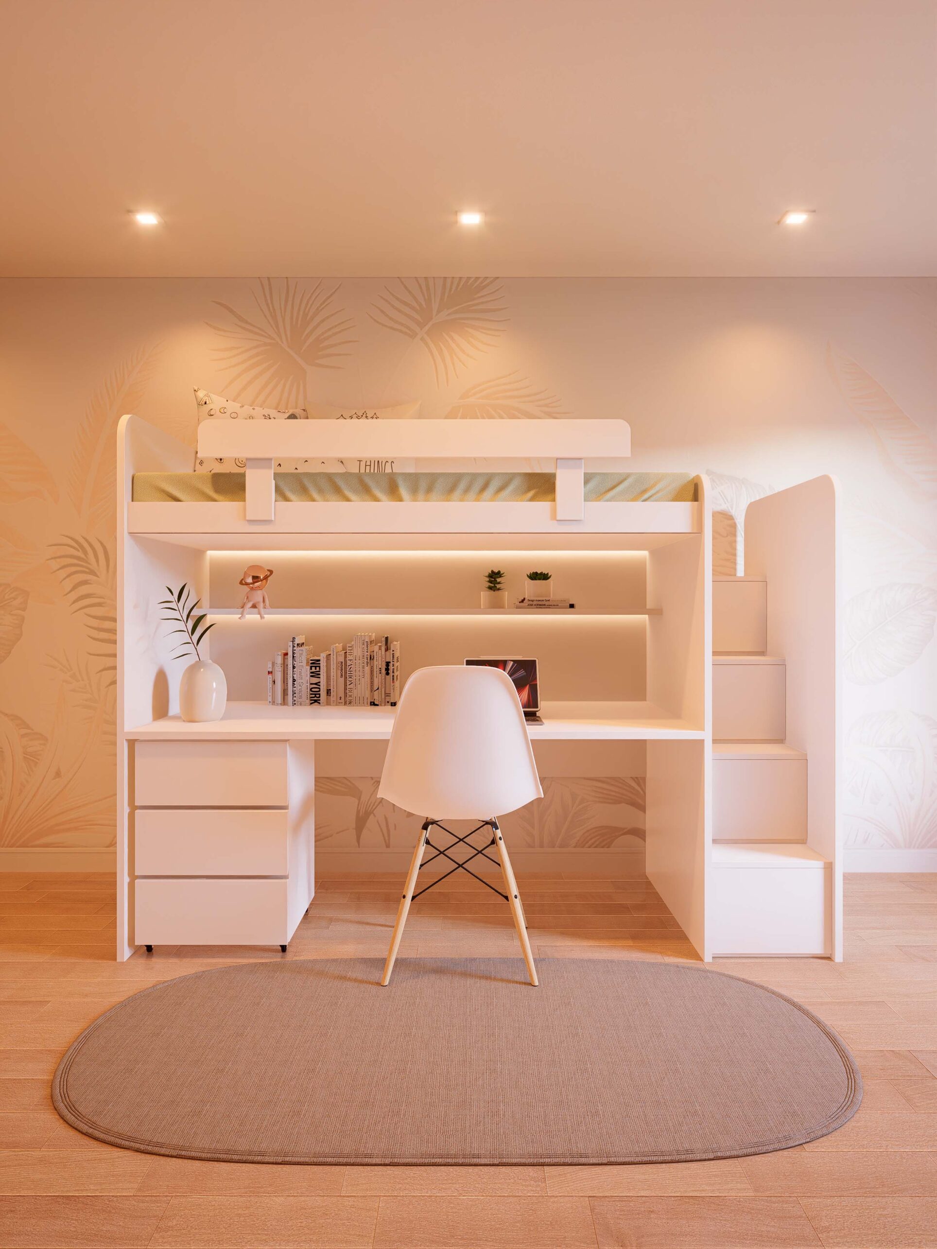 CAMA ESCRITORIO CON ESCALERA BLANCO