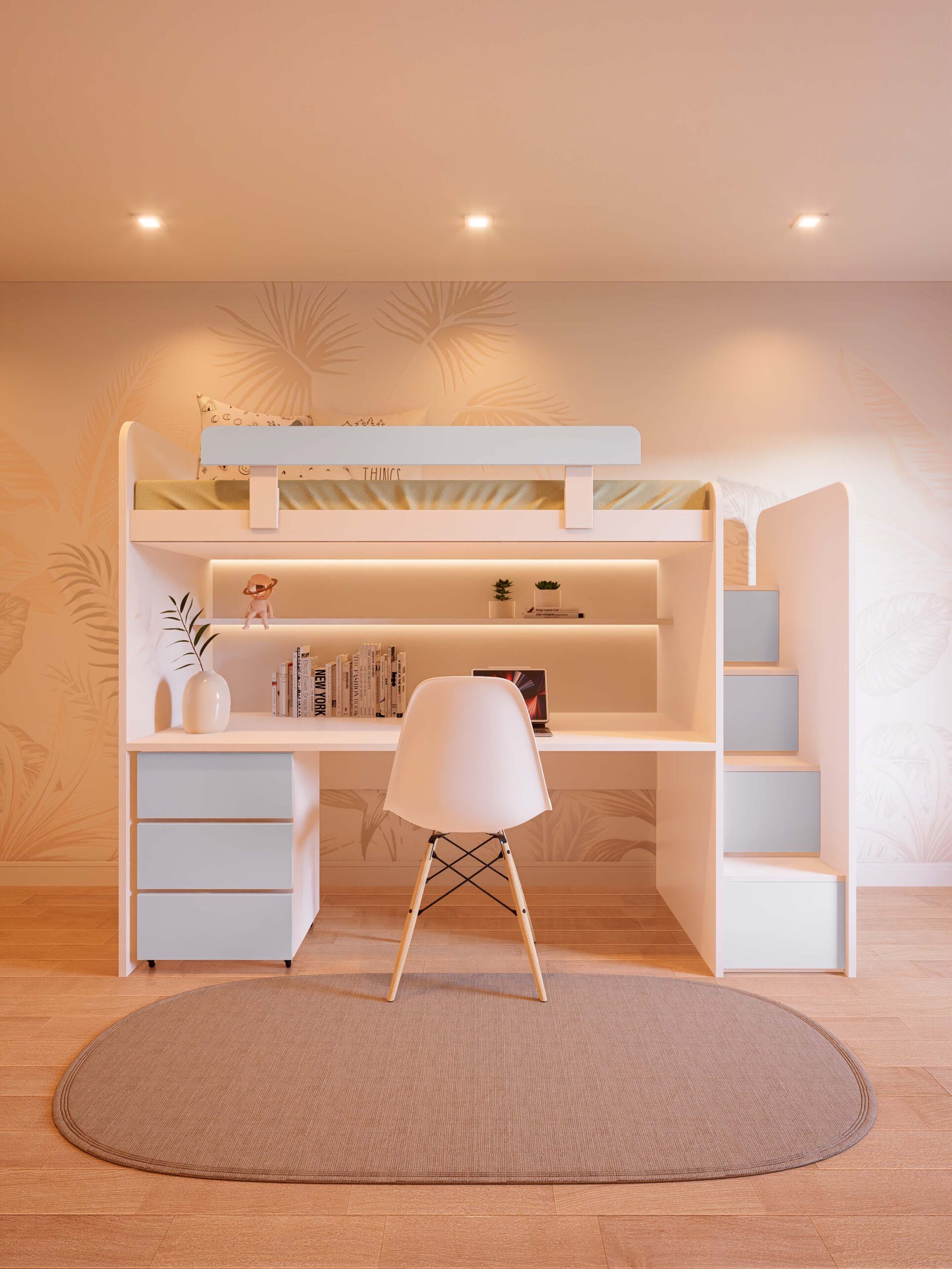 CAMA ESCRITORIO CON ESCALERA CELESTE