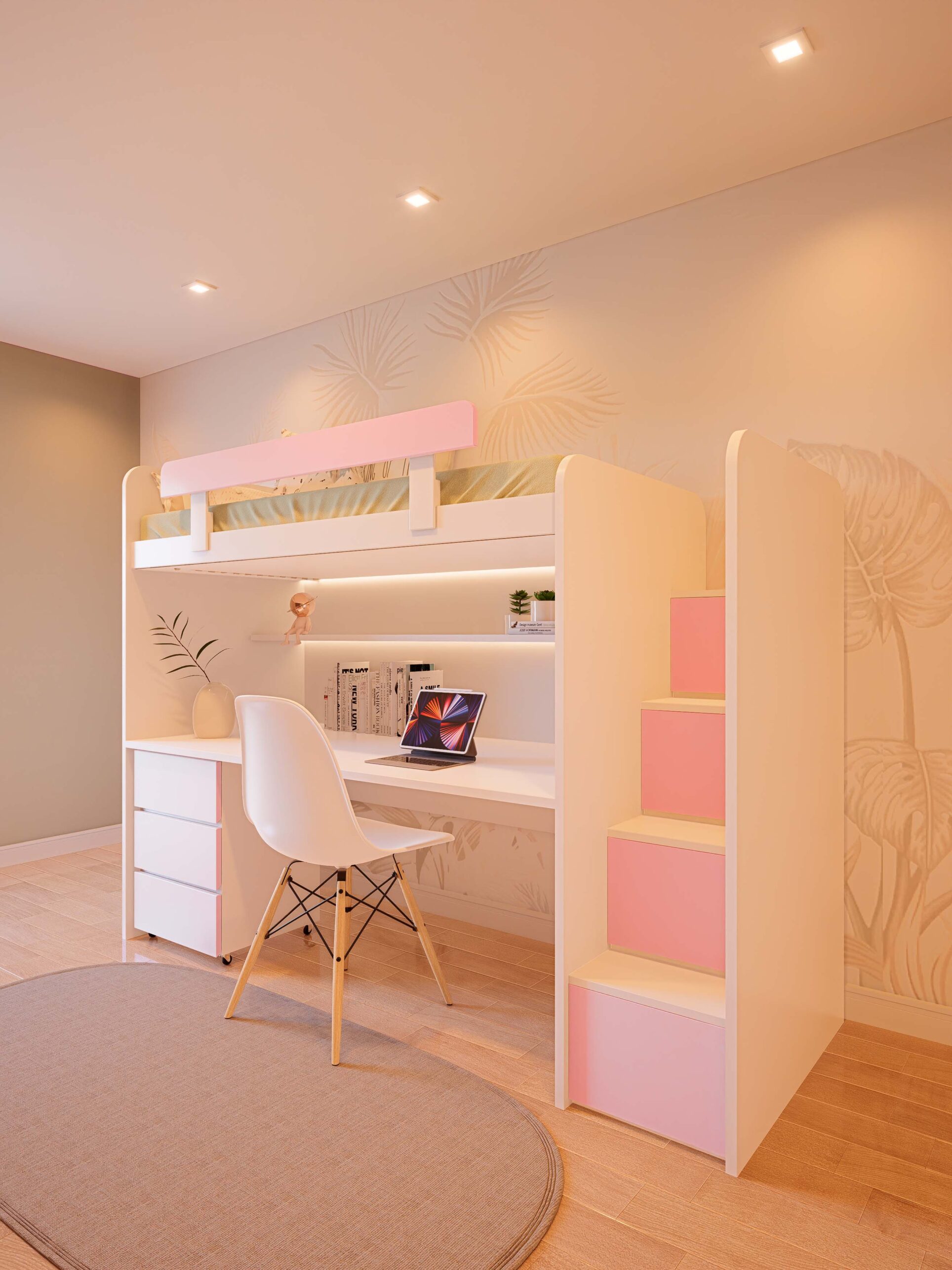 CAMA ESCRITORIO CON ESCALERA ROSA2