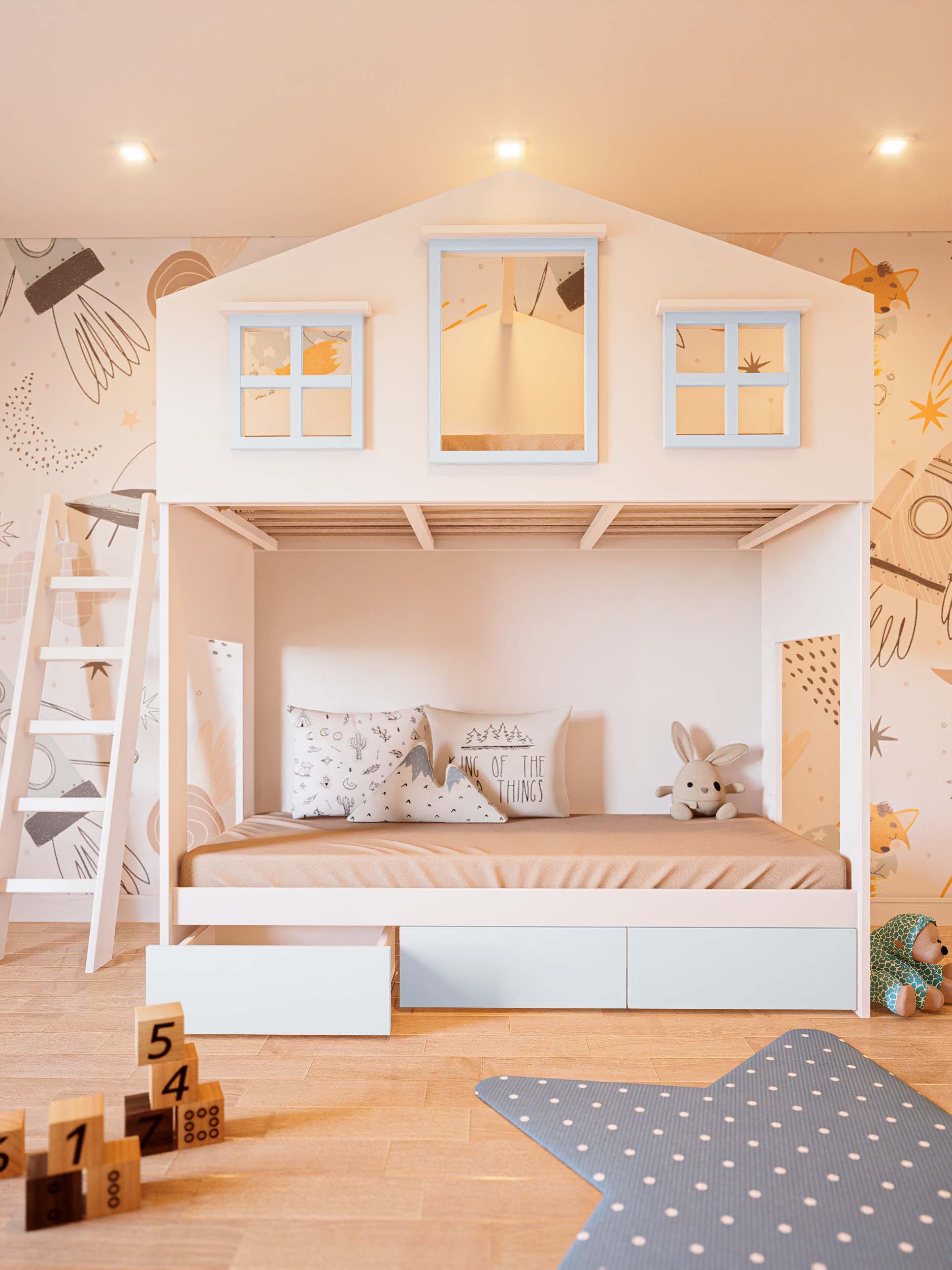 CAMA MONTESSORI CON CAJONES CELESTE