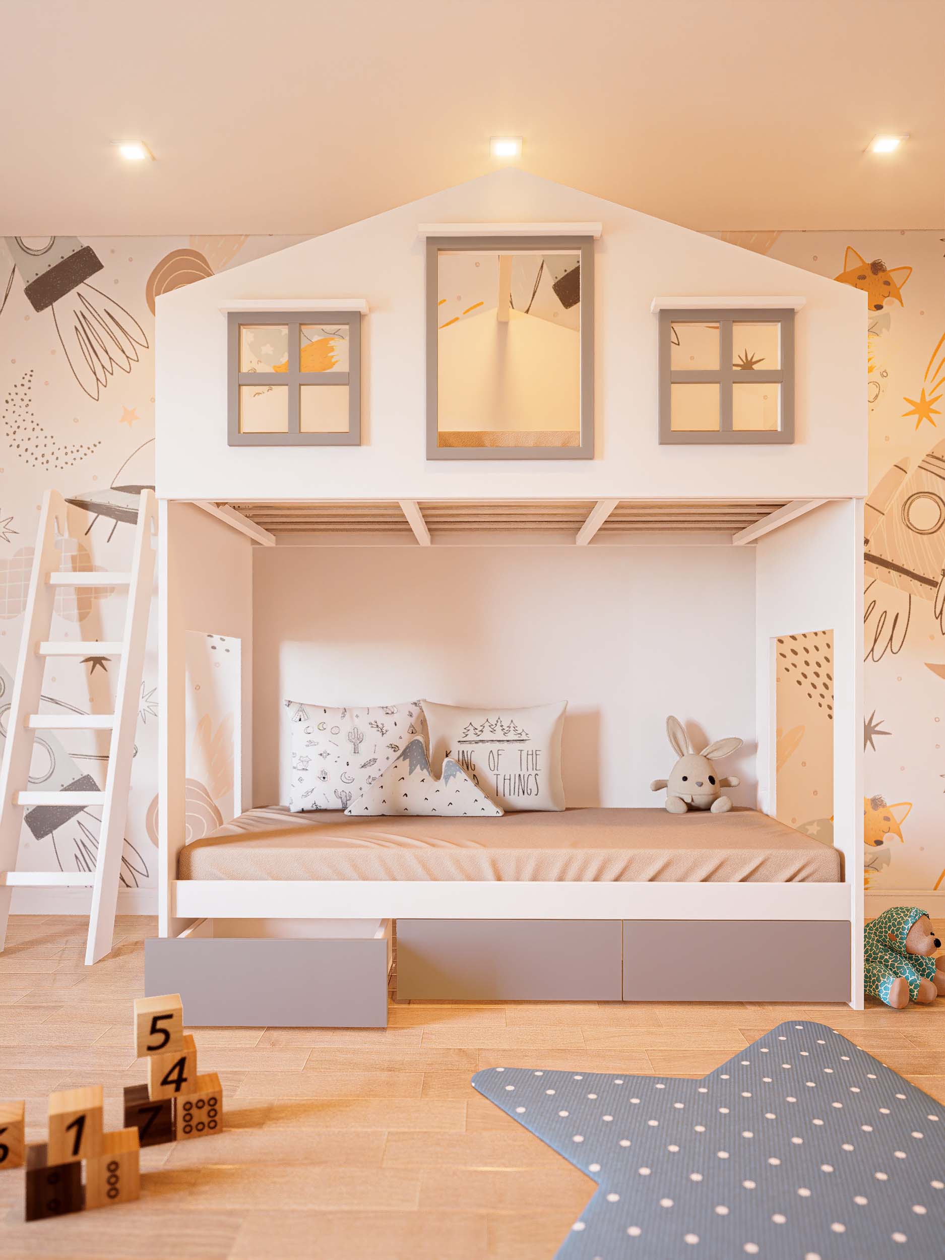 CAMA MONTESSORI CON CAJONES GRIS