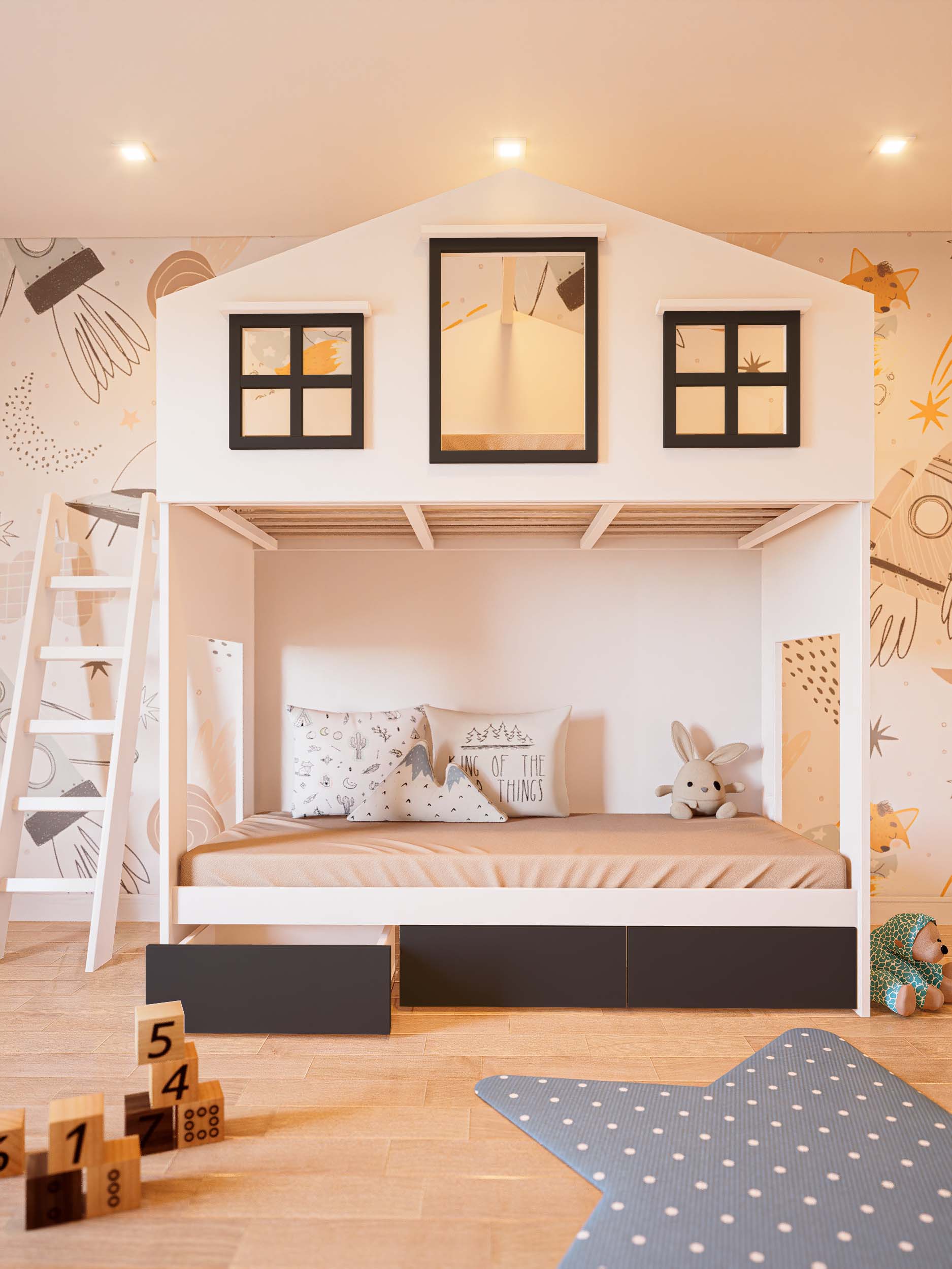 CAMA MONTESSORI CON CAJONES NEGRO