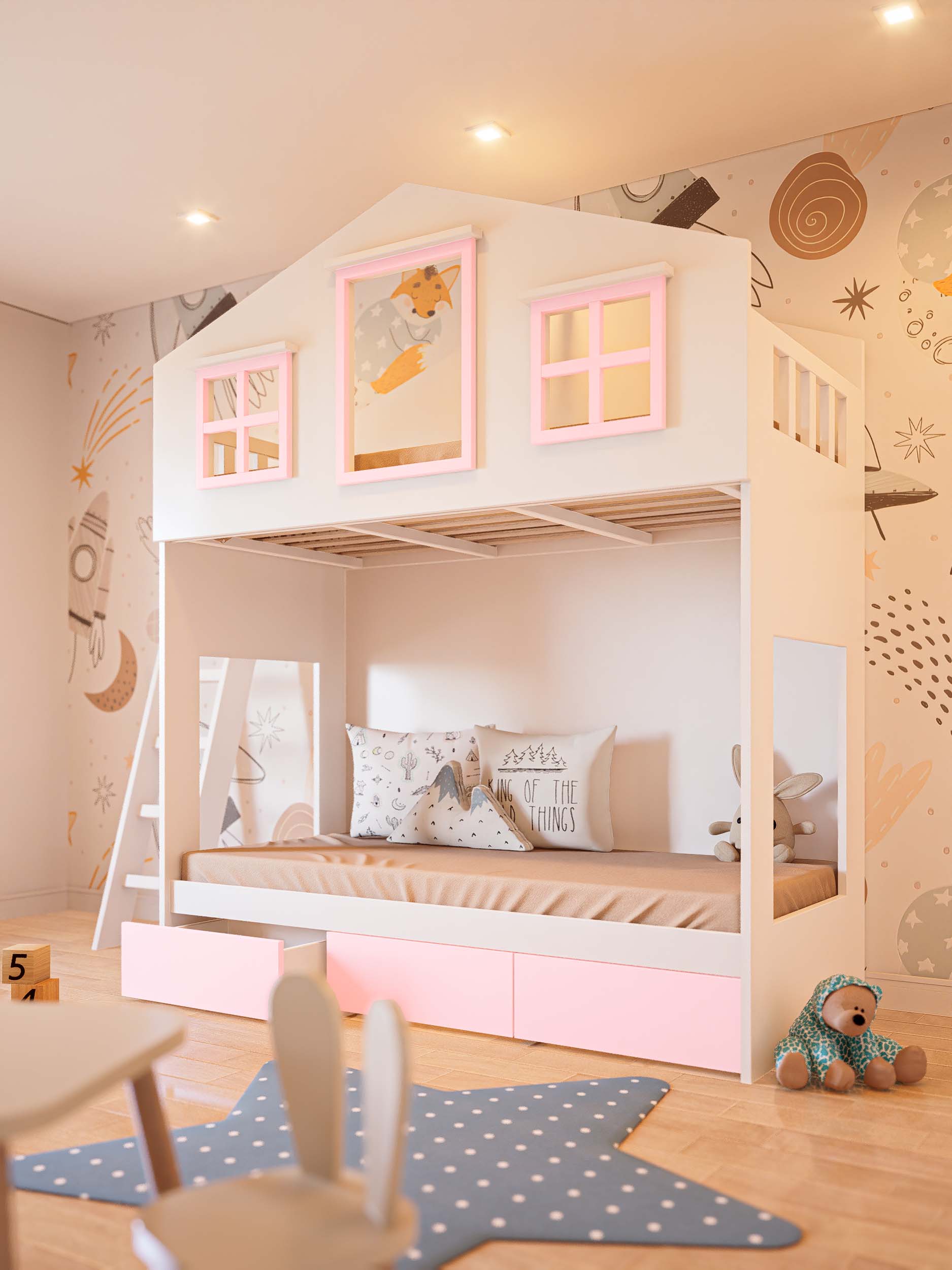 CAMA MONTESSORI CON CAJONES ROSA2