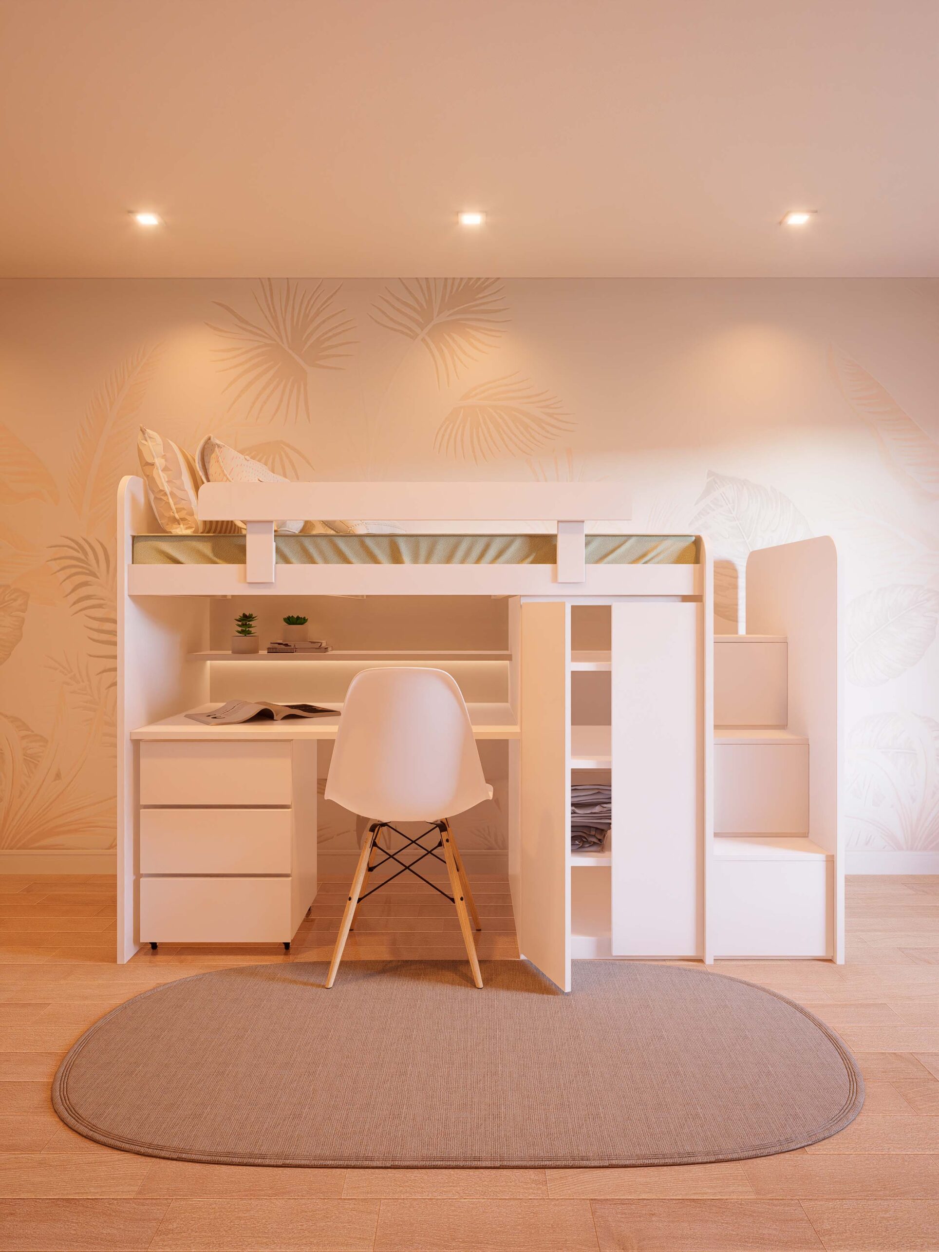 CAMA ESCRITORIO CON PLACARD Y ESCALERA BLANCO