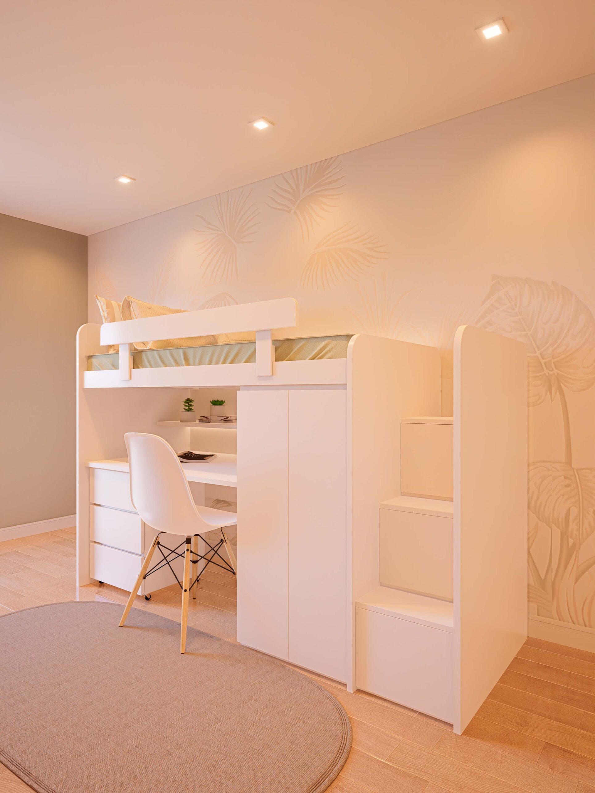 CAMA ESCRITORIO CON PLACARD Y ESCALERA BLANCO2