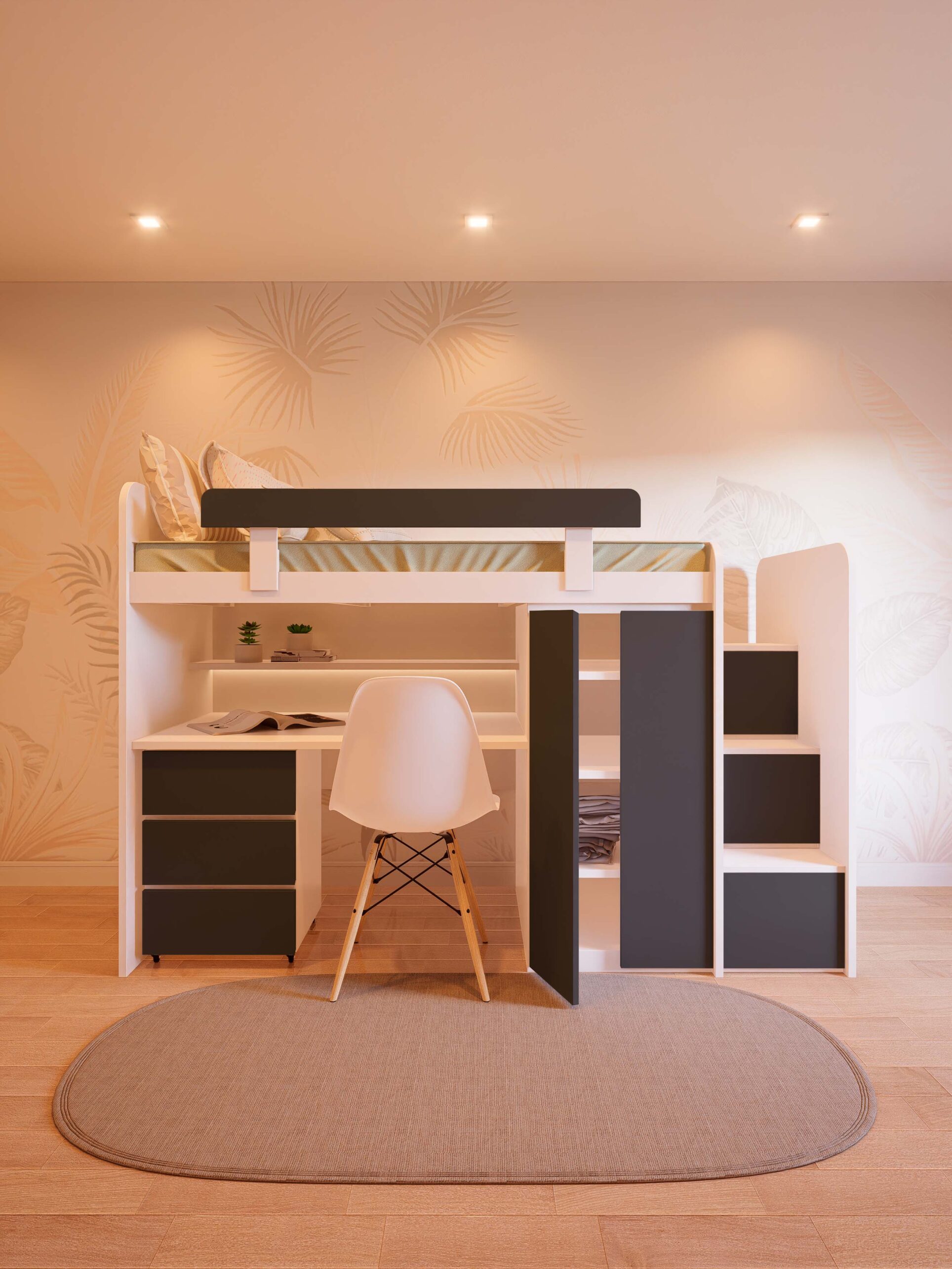 CAMA ESCRITORIO CON PLACARD Y ESCALERA NEGRO