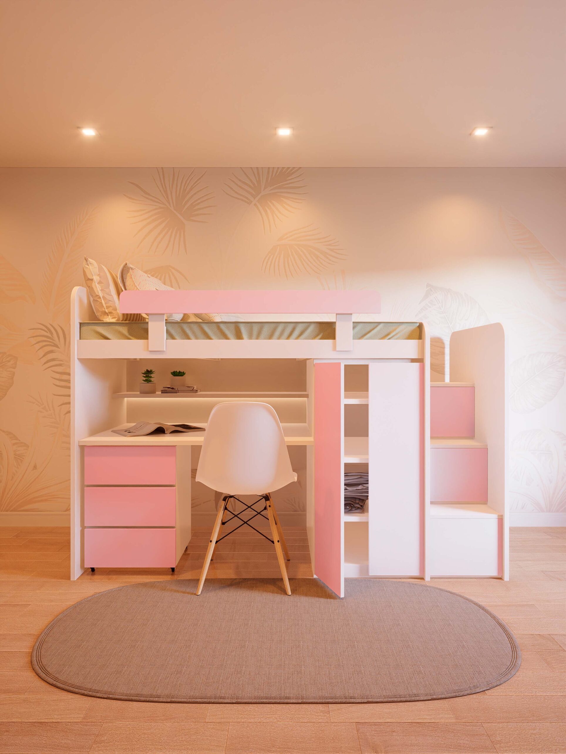 CAMA ESCRITORIO CON PLACARD Y ESCALERA ROSA