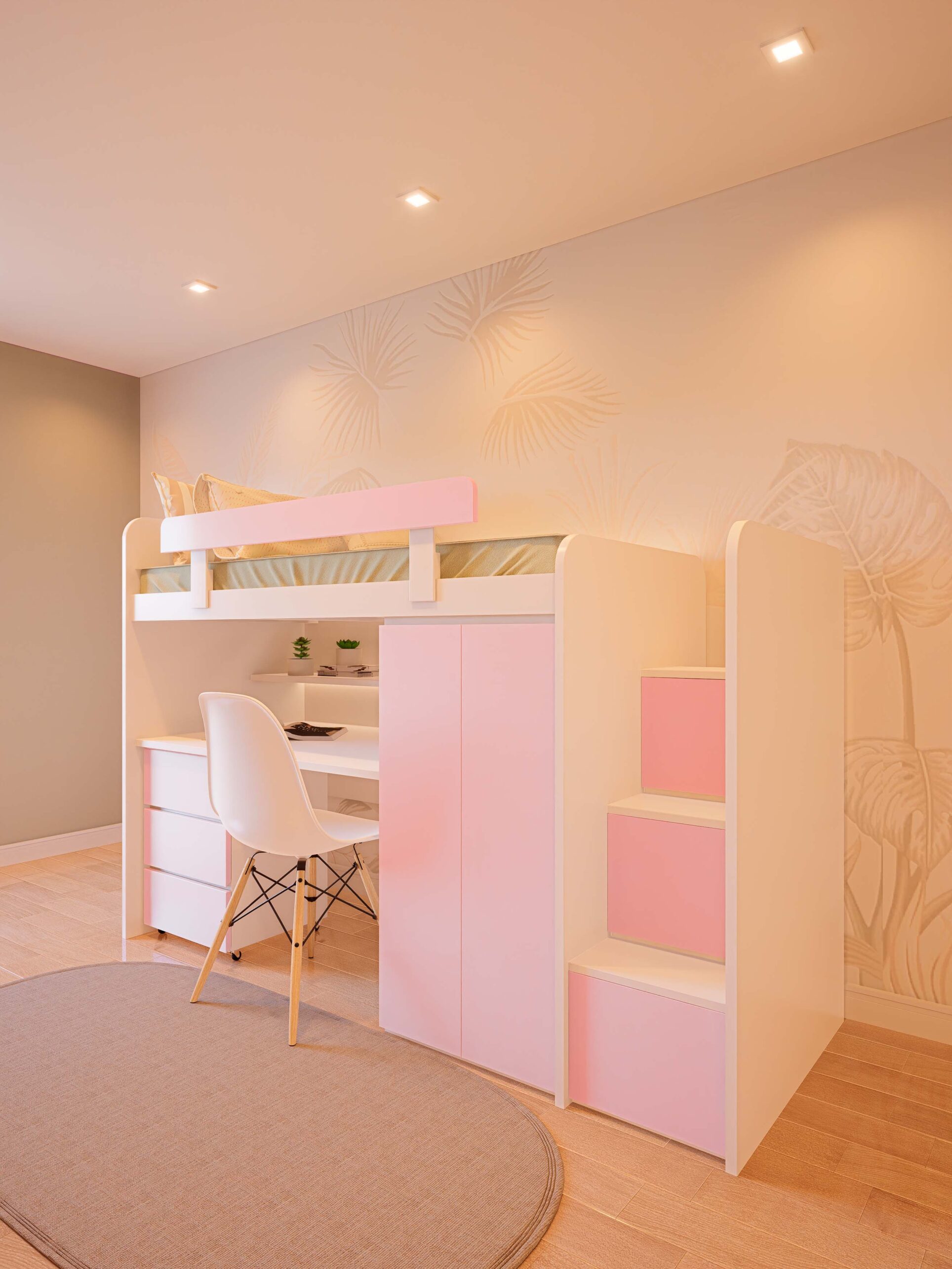 CAMA ESCRITORIO CON PLACARD Y ESCALERA ROSA2